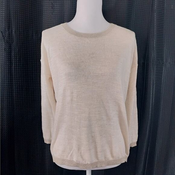 LOFT! LINEN+!CREAMY OATMEAL & GOLD TRIM LIGHTWEIGHT 3/4 SLEEVE SWEATER TOP! SZ S - Picture 2 of 9